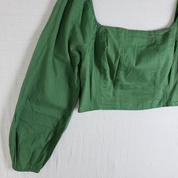 NWOT American Eagle AE Cropped Corset Balloon Sleeve Top Smocked Back Green sz L - Picture 14 of 15